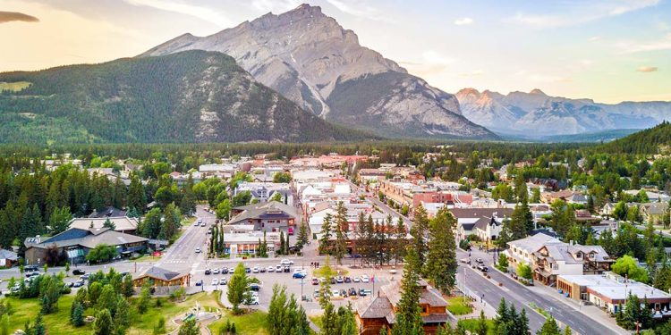Overlooking town of Banff with mountain in background