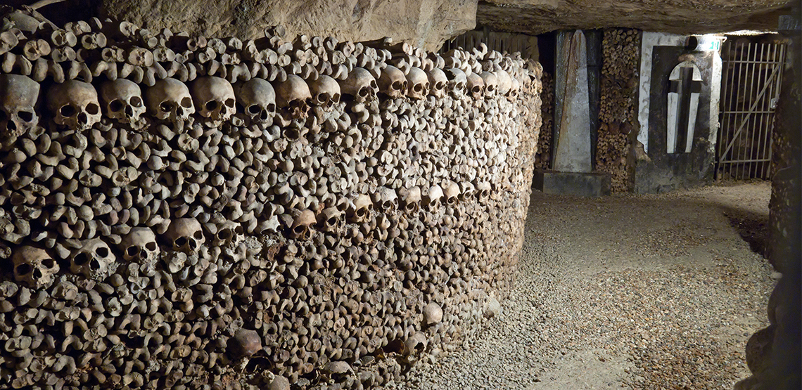 Wall of skulls and bones in Catacombs