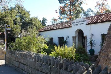 Small spanish style building with stone wall out front.