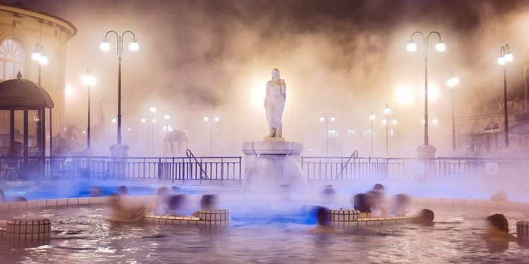 steam rising from thermal baths in Hungary