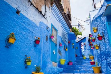 blue buildings on a street in Chefchaouen