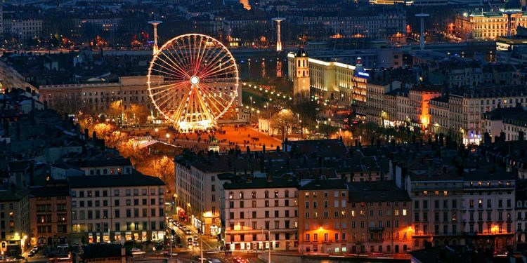 aerial view of the Festival of Lights in Lyon