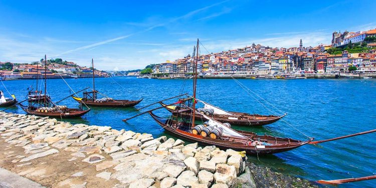 fishing boats docked at a Portuguese waterfront