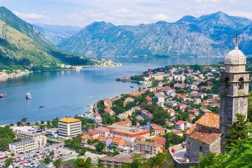 aerial view of the Bay of Kotor and surrounding mountain ranges