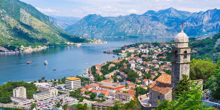 aerial view of the Bay of Kotor and surrounding mountain ranges