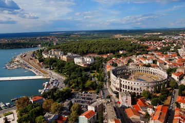 aerial view of Pula looking out over the water