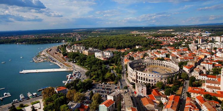 aerial view of Pula looking out over the water