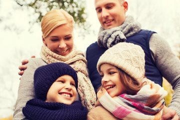 happy family bundled in knit winter accessories