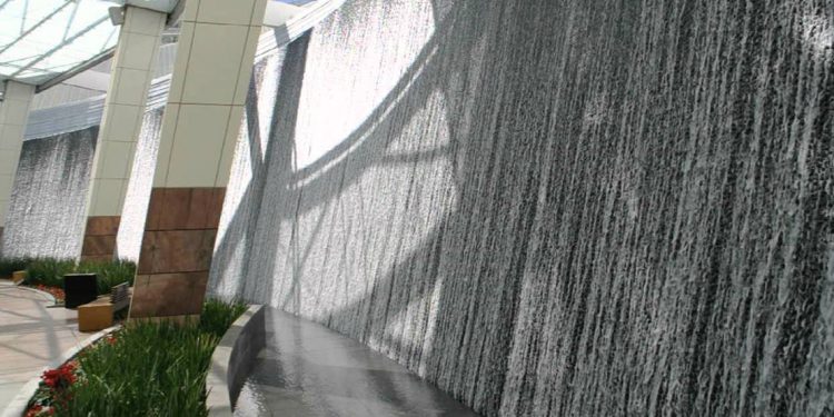 A side shot of Aria’s Water Wall and Lobby in Las Vegas, Nevada