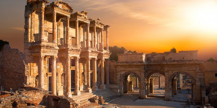 Greco-Roman era structures at sunset in Ephesus, Turkey.