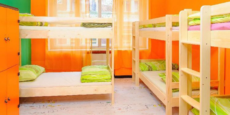 Inside a colorful room at the Old Prague Hostel