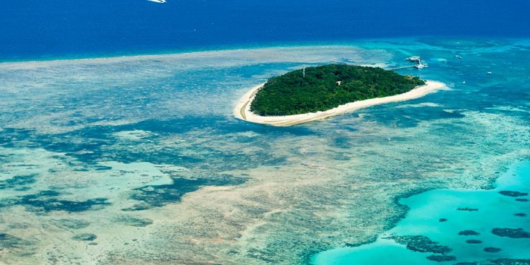 Overhead view of the Great Barrier Reef and island
