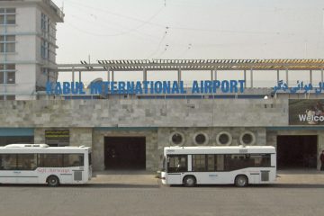 Buses parked outside Kabul International Airport.