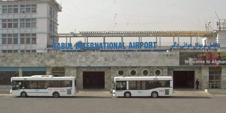 Buses parked outside Kabul International Airport.