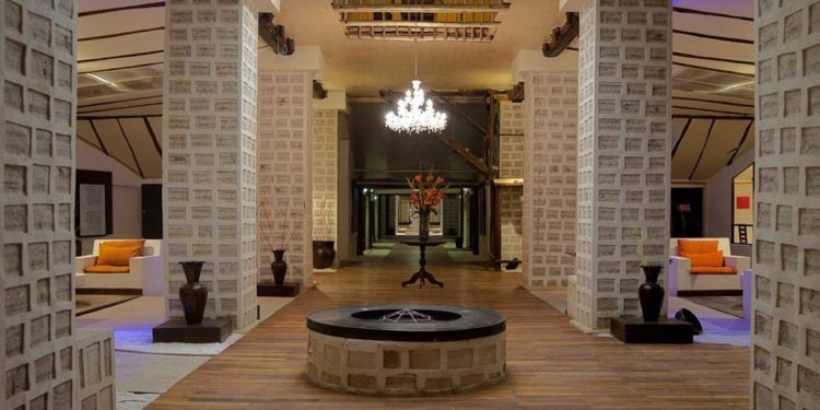 lobby of hotel made of salt bricks