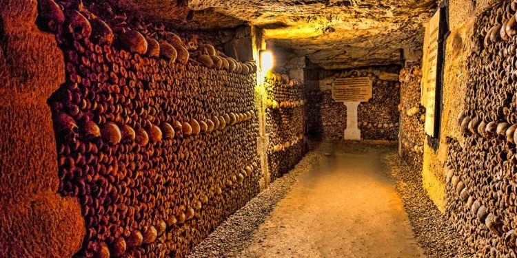dimly lit catacombs lined with skulls