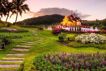 charming garden in chiang mai, thailand at sunset