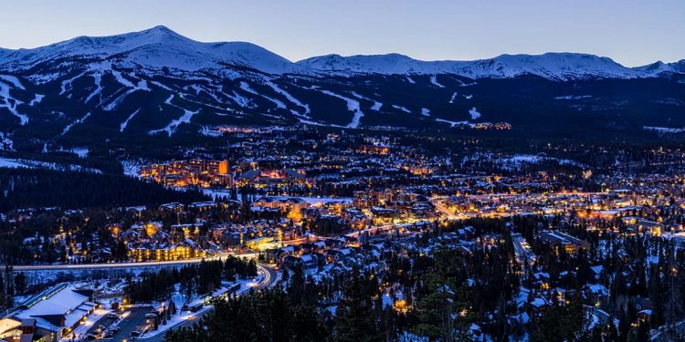 Aerial view of the lights of snow-covered Breckenridge at night
