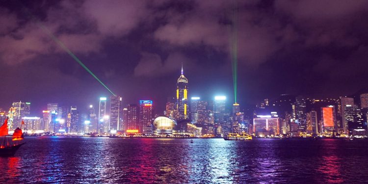 Hong Kong Christmas lights viewed over the water