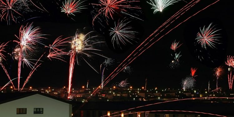 fireworks display over city of reykjavik