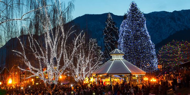 Trees and a bandstand lit up with Christmas lights in Leavenworth, Washington