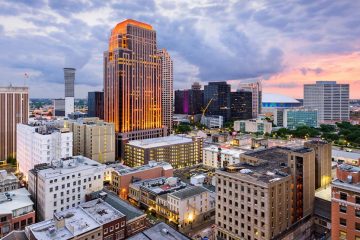 view of new orleans, LA, USA as the sun starts to set