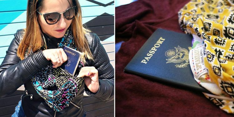 Scarf with small pocket that can fit a passport in it.