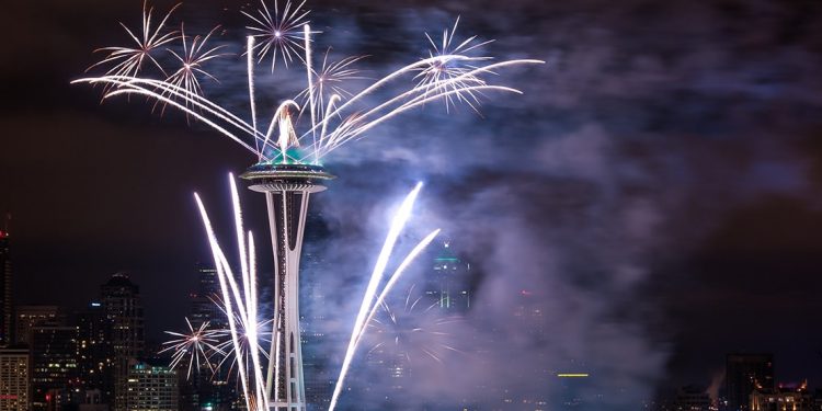 fireworks display over space needle in seattle