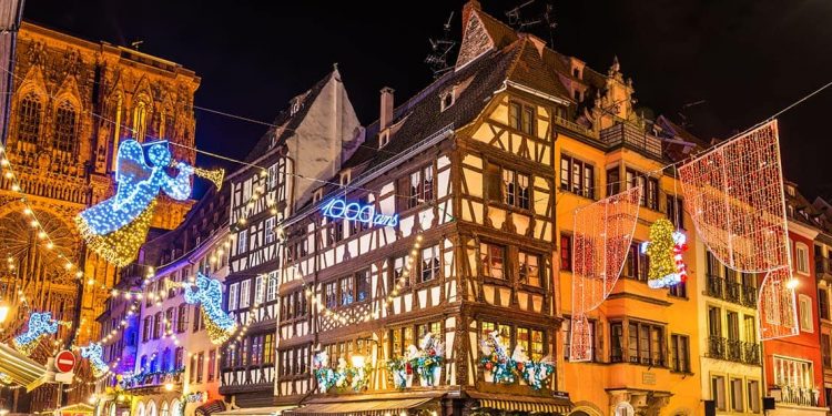 The lights at Strasbourg Christmas Markets at night