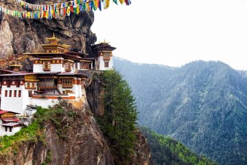 Dwellings built on the edge of a cliff in the Himalayas