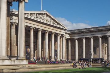 The exterior of the British Museum, a stone building with tall columns