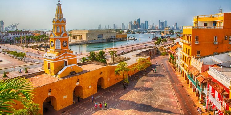 Buildings in Cartagena, Colombia, with the ocean beyond
