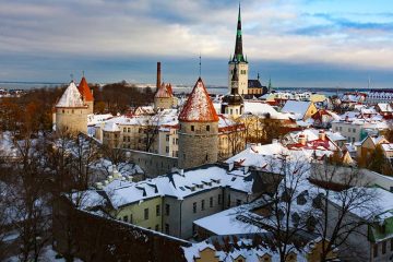 Buildings covered in snow in Tallinn Estonia