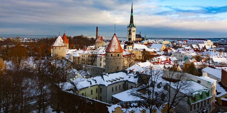 Buildings covered in snow in Tallinn Estonia