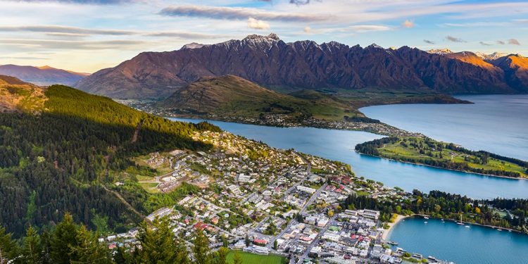 Aerial view of Queenstown on Lake Wakatipu and the mountains beyond