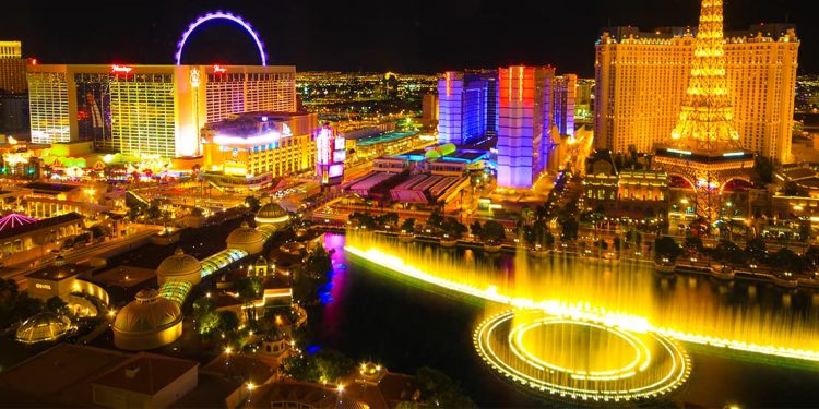 Aerial shot of Vegas lit up at night