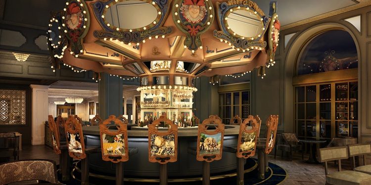 Numerous bar stools sit surround a circular bar table, each seat includes a different portrait of an animal