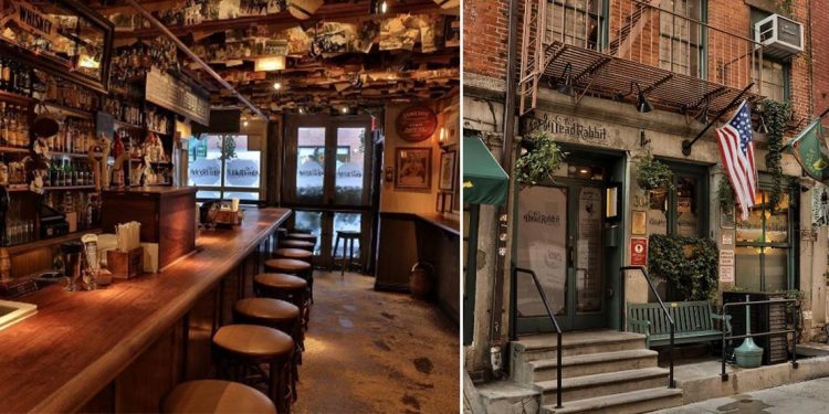 Left: The inside of a pub with wooden stools, low lighting and shelves of booze. Right: The outside of the Dead Rabbit Grocery & Grog, New York City.