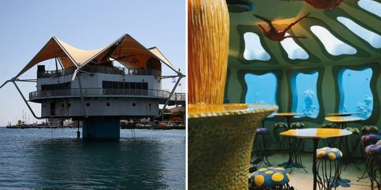 Right: An over-water building with a 360-balcony and canopies used as a roof. Right: The inside of a bar with wavy windows, and jellyfish inspired bar stools