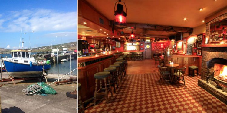 Left: A small boat is docked on the cement. Right: The inside of the boat includes a fireplace, a pub floor, and numerous nautical decorations