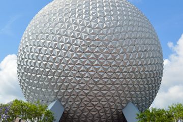 The icon of Epcot, a giant geometrical white ball-shaped building