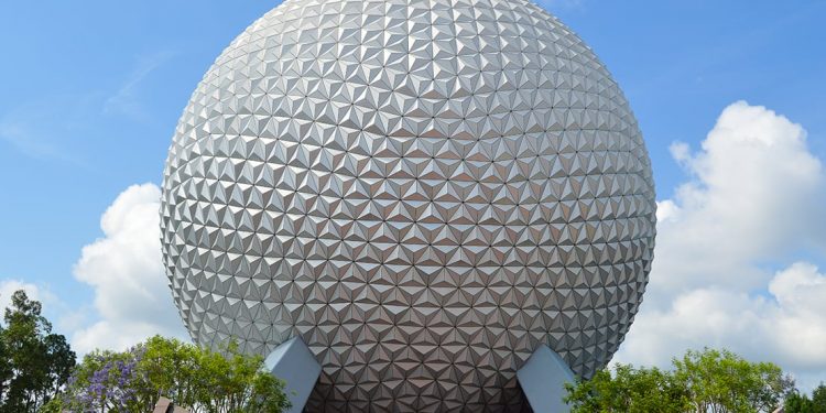 The icon of Epcot, a giant geometrical white ball-shaped building