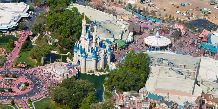 An aerial view of Walt Disney World, featuring the famous Magic Kingdom castle