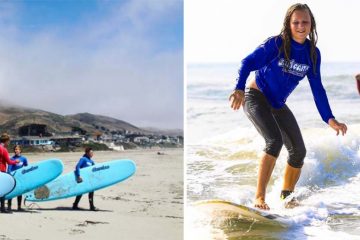 Left: An instructor is talking to a group of surfers on the beach. Right: A first-time surfer is surfing on a small wave.