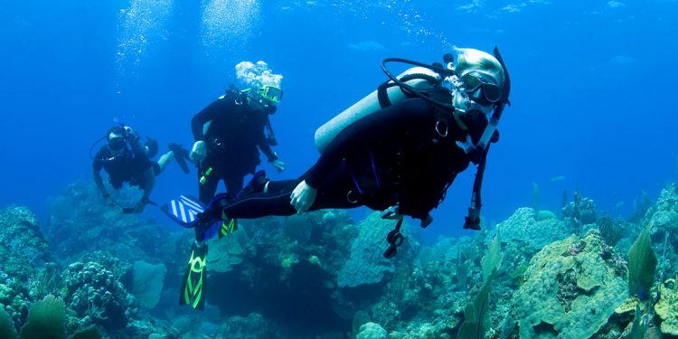Three divers among a reef, bubbles rising up from their masks.