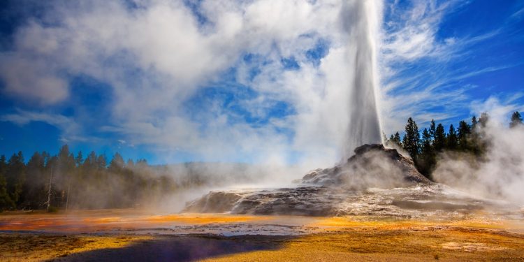 A hot geyser bursts into the air at full speed