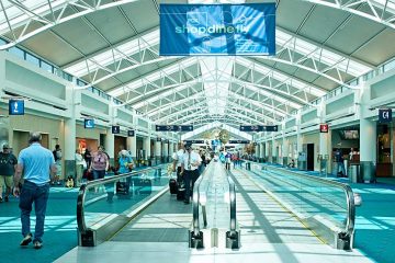 Two moving walkways with people on them and green carpet on either side.