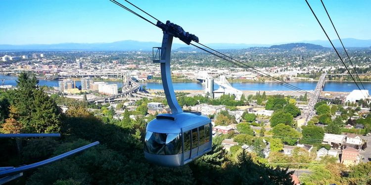 Rectangular silver tram suspended from wire going up a mountain with view of city with lots of green trees down below.