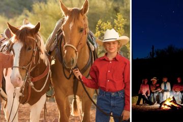 Two kids wearing cowboy hats holding two horses with western saddles on. Split screen with adults sitting around a campfire with stars overhead.