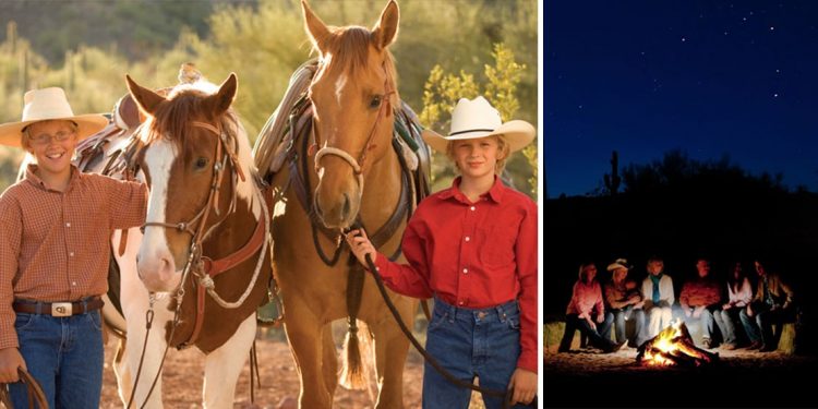 Two kids wearing cowboy hats holding two horses with western saddles on. Split screen with adults sitting around a campfire with stars overhead.